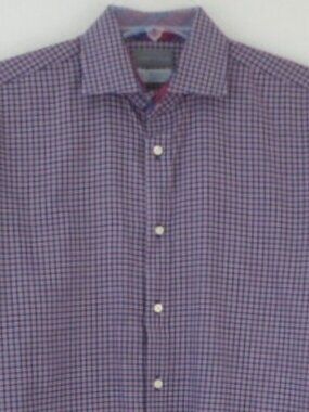 Thomas Dean Shirt Navy Blue Micro Check Plaid Flip Cuff Button Up